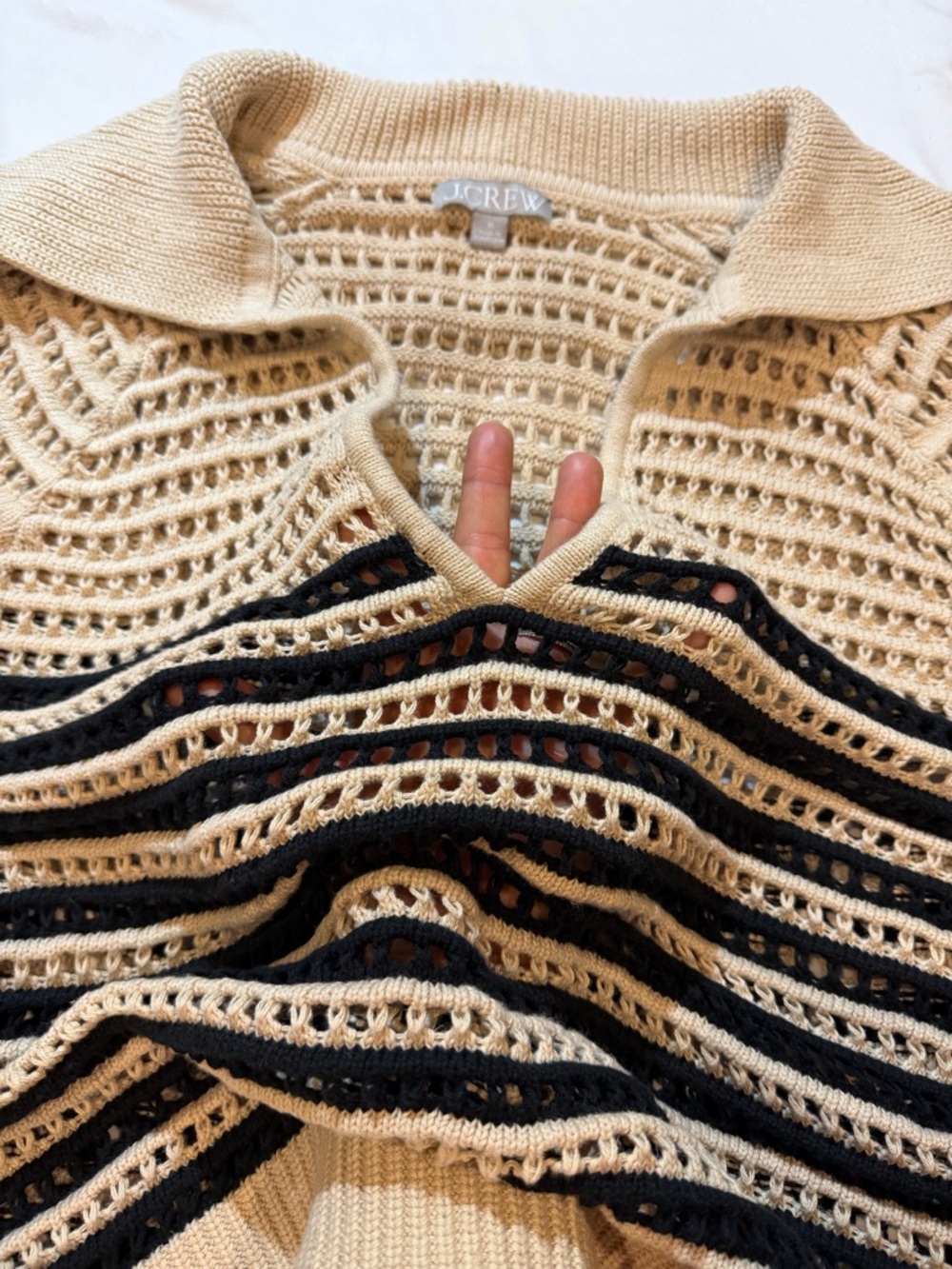 J. Crew Open-Knit V-Neck Stripe Sweater in Beige and Black - Picture 3 of 4